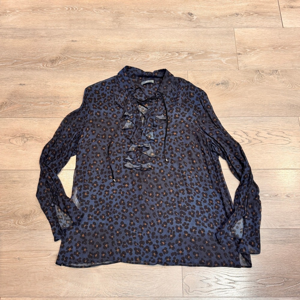 Elena Miro‎ Vanessa Incontrada Blue Leopard Ruffle Lace Up Blouse Top 12 Large